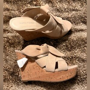 Marc Fisher Tan real Suede Cork Wedge Sandals with Knot Detail size 8